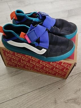 Vans Kids Black, Teal & Purple Slip-On Sneakers with Orange Heel Loop